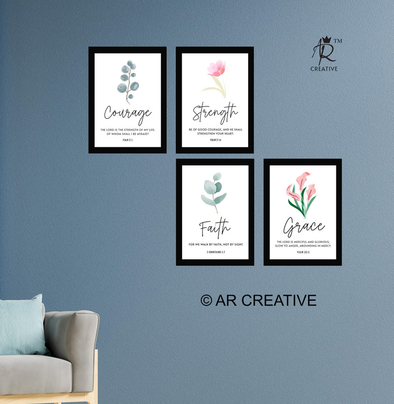 AR Creative Synthetic Courage - Bible Verse Wall Art, Bible Quotes Print With Frame, Home, Office Decor, Bible Quotes Poster (13.6 Inch X 10.2 Inch), (Collarge 20.4 Inch X 27.2 Inch) Set Of 4