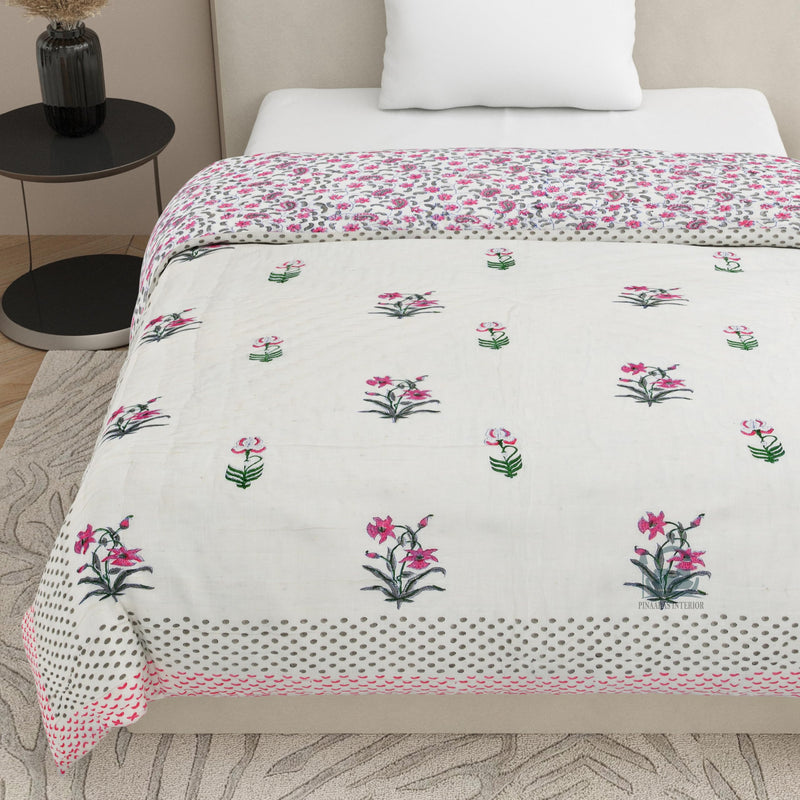 PINAARAS INTERIORS 300 TC Double Bed Jaipuri Razai Organic Pure Cotton Jaipuri rajai Ac Quilt for All Season Soft Lightweight Rajasthani Traditional Cotton Comforter - Pink Flowers