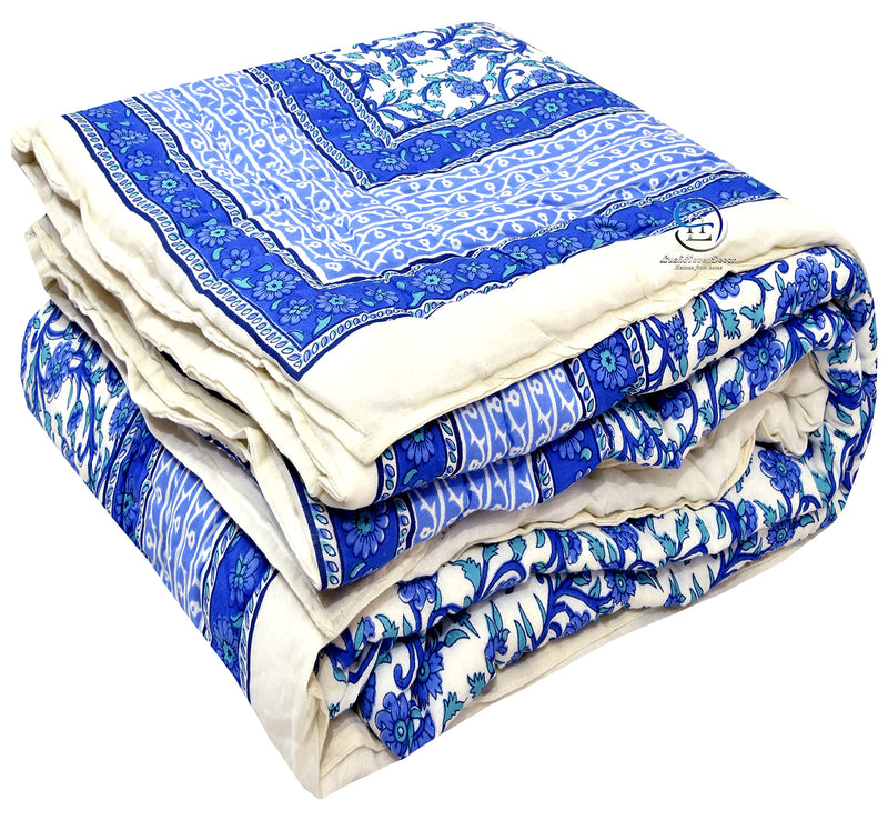 HASHIREX 210 TC Single Bed Jaipuri Cotton Rajai Blanket Ac Quilt Soft Light Weight Rajasthani Traditional Razia Comforter 85 x 55 inch Blue, Pack of