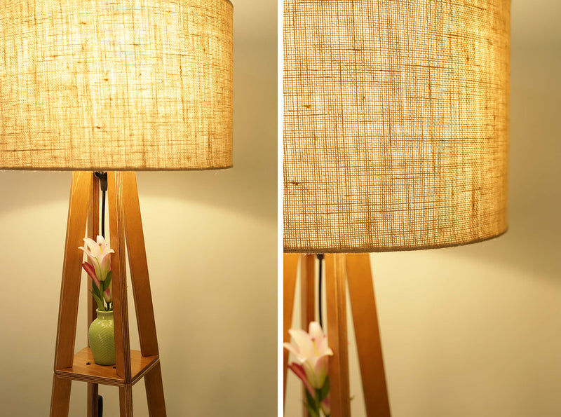 Crosscut Furniture Wooden Floor Lamp with Shelf (Natural Jute). LED Bulb Included