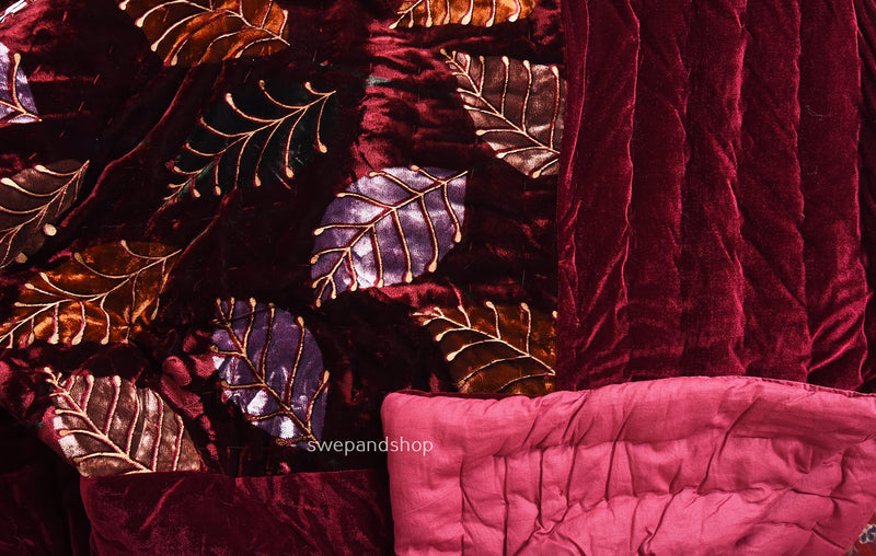 Namaste India Bombay Velvet Leaf Printed Cotton Razai Double Bed Size Jaipuri Quilt Rajai (Maroon/Coffee) Size - 88X103