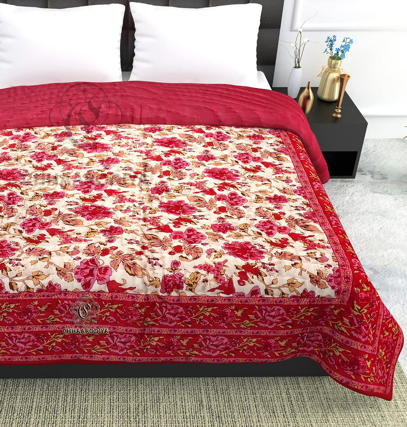 LILFLY Organic Cotton Jaipuri Razai Bed Blanket Ac Quilt for Winter and Summer Soft Light Weight Rajasthani Traditional Rajai Cotton Comforter, Double Bed Quilt, Pack of 1. (M-04)