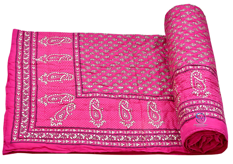 THROWS HOME DECOR Traditional Jaipuri Floral Print Design with Gold Print Cotton Single Quilt Blanket (Pink)