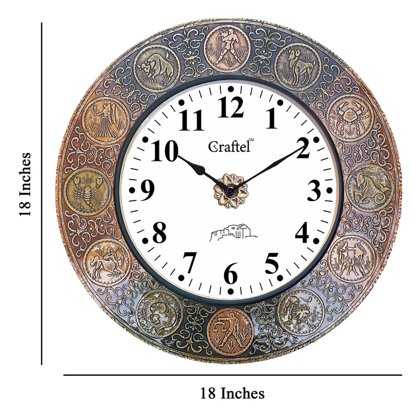 CRAFTEL Brass and Copper Zodiac Rashi English Dial Abstract Wall Clock for Bedroom Living Room and Home (Gold/Copper 18 x 18 inch)