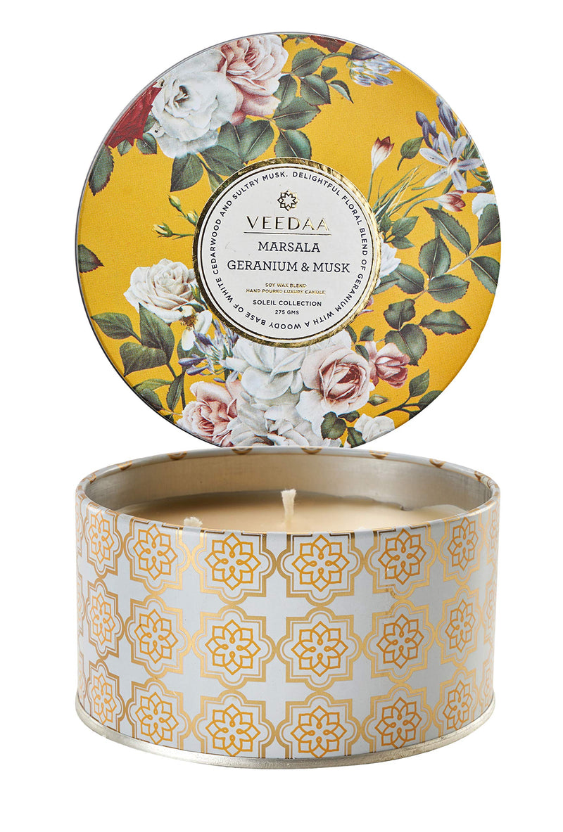 VEEDAA Marsala Geranium & Musk 3 Wick Tin Soy Scented Candle (Burns 40 hours)