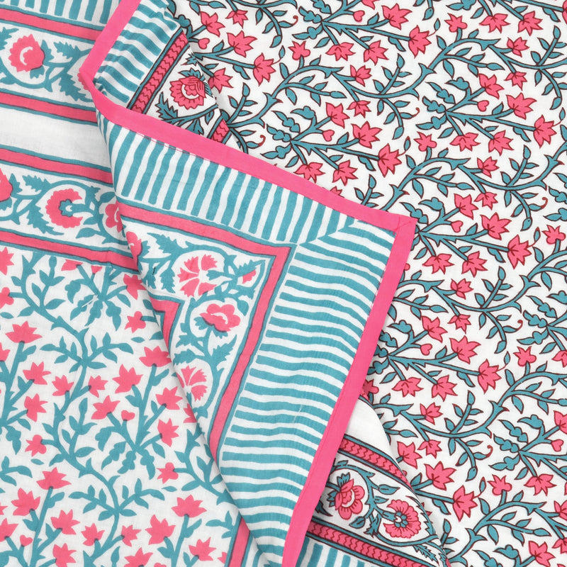 BLOCKS OF INDIA Hand Block Printed Cotton Single Size Reversible Malma Dohar For Summer (Turquoise Pink Jaal, 200 Tc)