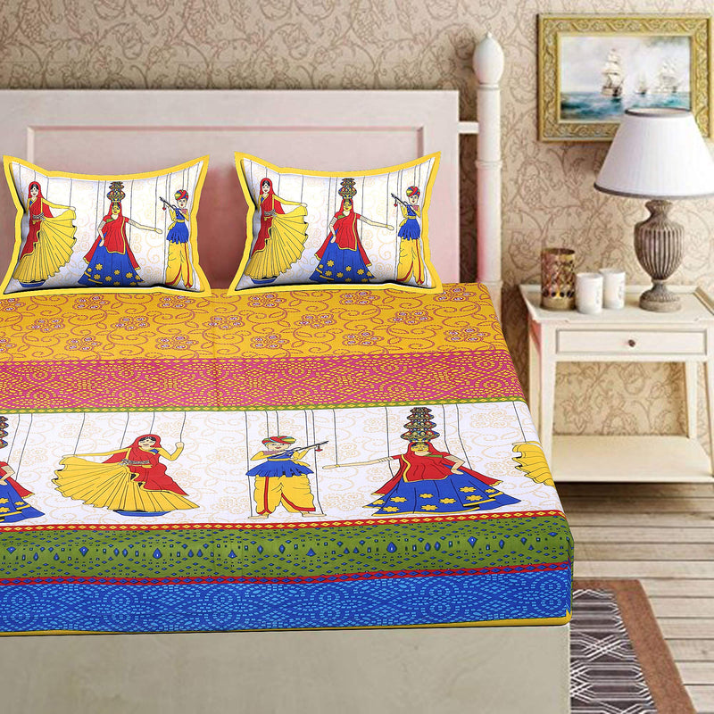 RajasthaniKart® Pure 100% Cotton Double Bed Sheet with 2 Pillow Covers (Bedsheet for Double Bed Cotton, Yellow Kattputli Jaipuri, King Size,5168)