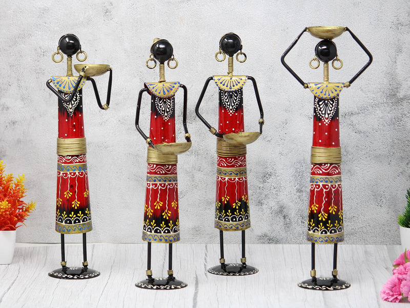 JH Gallery Handmade Handcrafted Wrought Iron Tribal Village Lady Doll Nerga Worker Showpiece Decorative Items for Home Décor (Length 3 inch *Height 13.5 inch) Set of 4 pcs