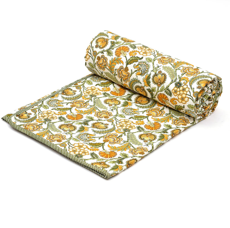 Craftino Cotton Yellow Floral Design Reversible AC Blanket / Dohar (Single)