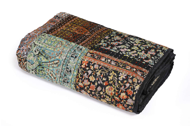 Handicraft-Palace Silk Patchwork Blanket Bedding Double Kantha Quilted Quilt (Black_110" X90 Inch)