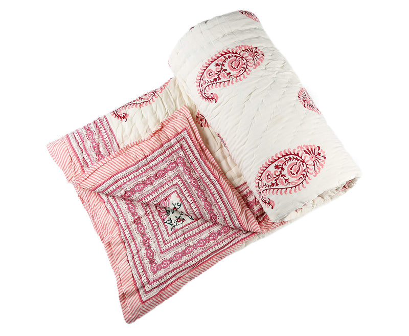 BLOCKS OF INDIA Hand Block Printed Cotton King Size Quilt/Rajai (90 Inch X 108 Inch) (Pink Jaal) (Reversible, Breathable),300 TC