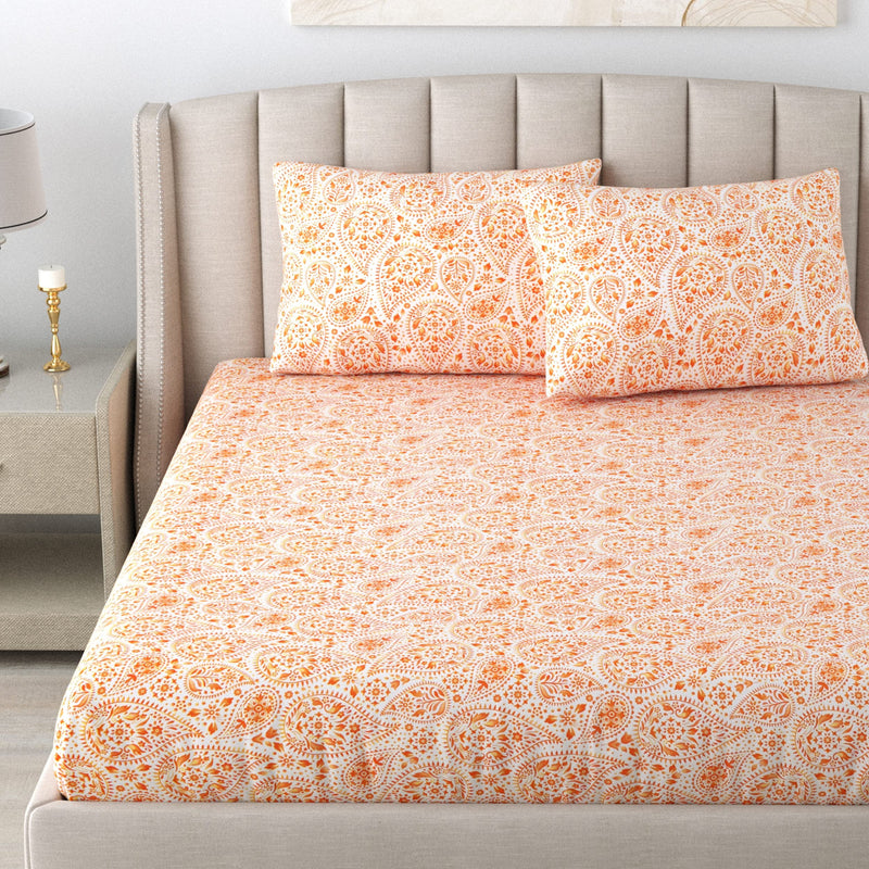 LINENWALAS 100% Cotton Twill Weave All-Around Elastic Fitted Bedsheet with 2 Pillow Covers for Double Size Bed - 200 TC, Soft Durable & Economical Printed Sheets (72x72 Inch, Paisley Drop Orange)