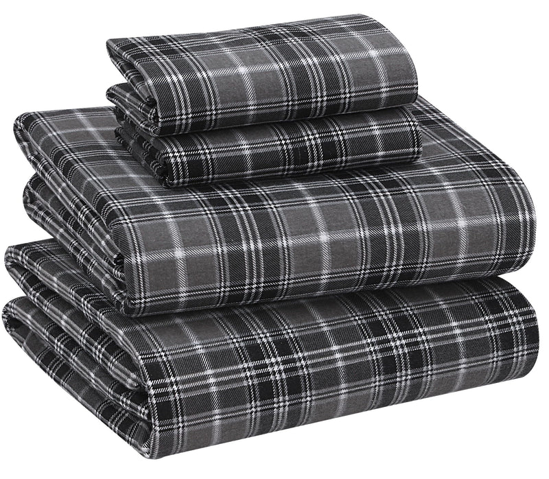 RUVANTI 100% Cotton 4 Pcs Flannel Sheets Full, Deep Pocket, Warm, Super Soft, Breathable, Moisture Wicking Full Size Sheet Sets, Bed Sheets Include Flat, Fitted Sheet,2 Pillowcase - Grey Plaid