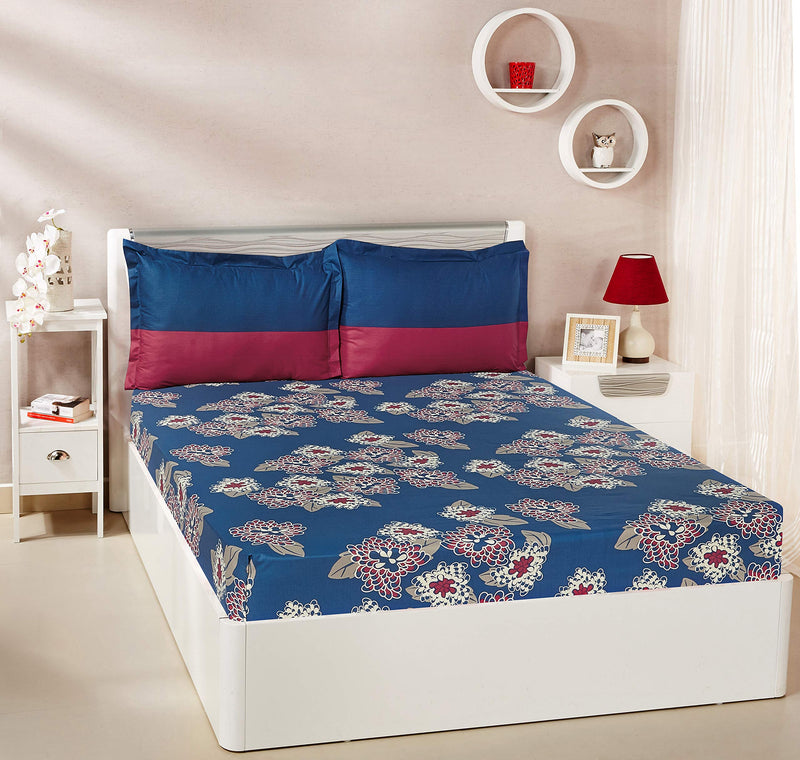 Amazon Brand - Solimo Floral Flakes 144 TC 100% Cotton Double Bedsheet with 2 Pillow Covers, Blue