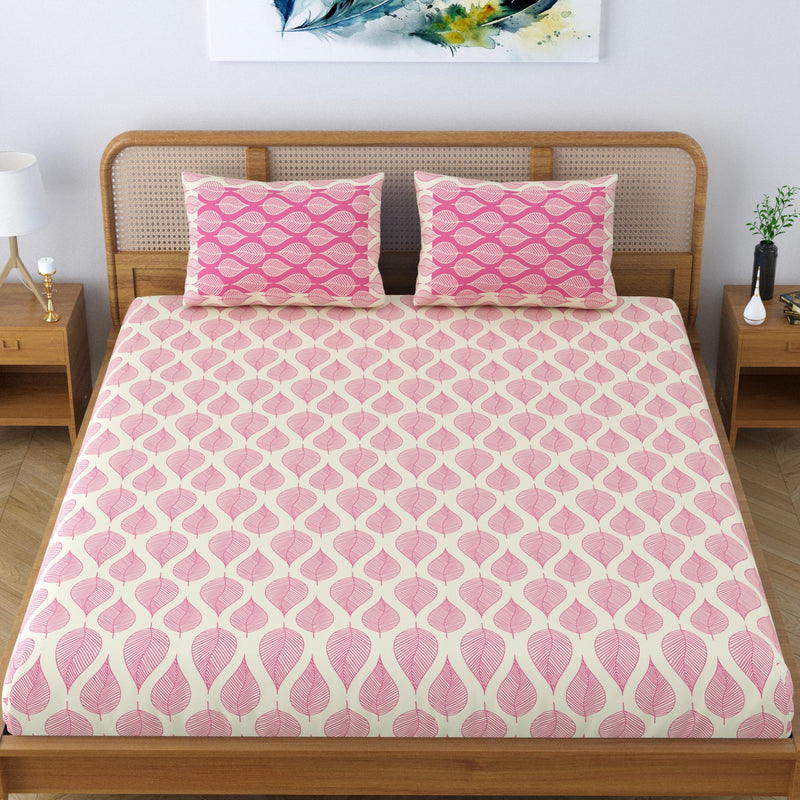 SheetKart Pure Cotton Aspen Leaves Printed Elegant Jaipuri Bedsheet for Double Bed King Size with 2 Pillow Covers - Bright Pink