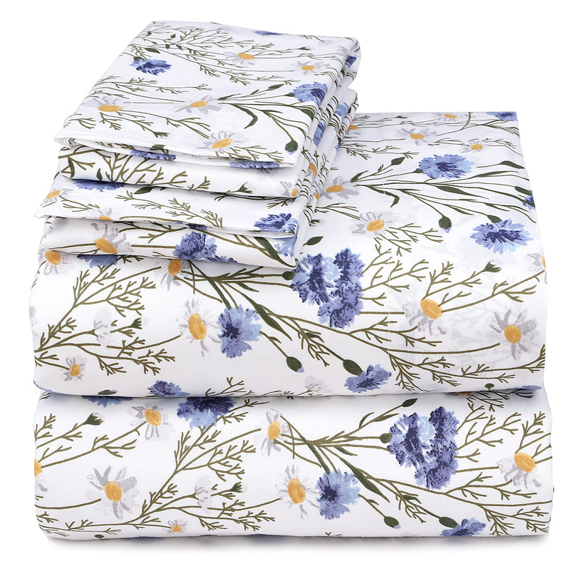 RUVANTI 100% Cotton Sheets - Soft & Breathable Queen Sheet Set - Deep Pocket Queen Size Sheets - Crispy Percale Sheets - Blue & Yellow Floral Queen Sheets ââ‚¬â€œ Moisture Wicking Bed Sheets - 4 Pieces