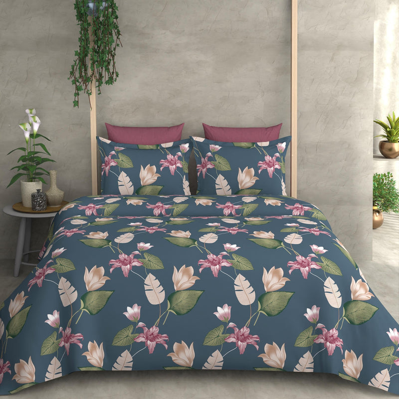 Ab Home Decor Cotton Feel Glace Cotton Elastic Fitted Printed King Size Double Bed Bedsheet with 2 Pillow Covers Fits Upto 8 inches Mattress,Size- 72x78x8 Inches,Blue Floral