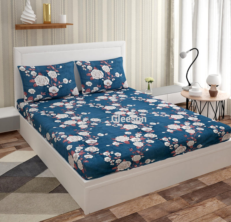 Gleeson Fitted Double Bedsheet Cotton 72"x72"|All Round Elastic Double Bed Sheet|Cotton Bedsheets with Elastic with 2 Pillow Covers|Cotton Double Fitted Bed Floral Print Sheets Fit Upto 8 Inches