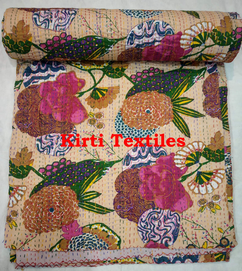 Kirti Textile and Handicraft Cotton Handmade Jaipuri Kantha Quilt Patchwork Bedding Throw Bed Cover (60x90 Inch, Multicolour)