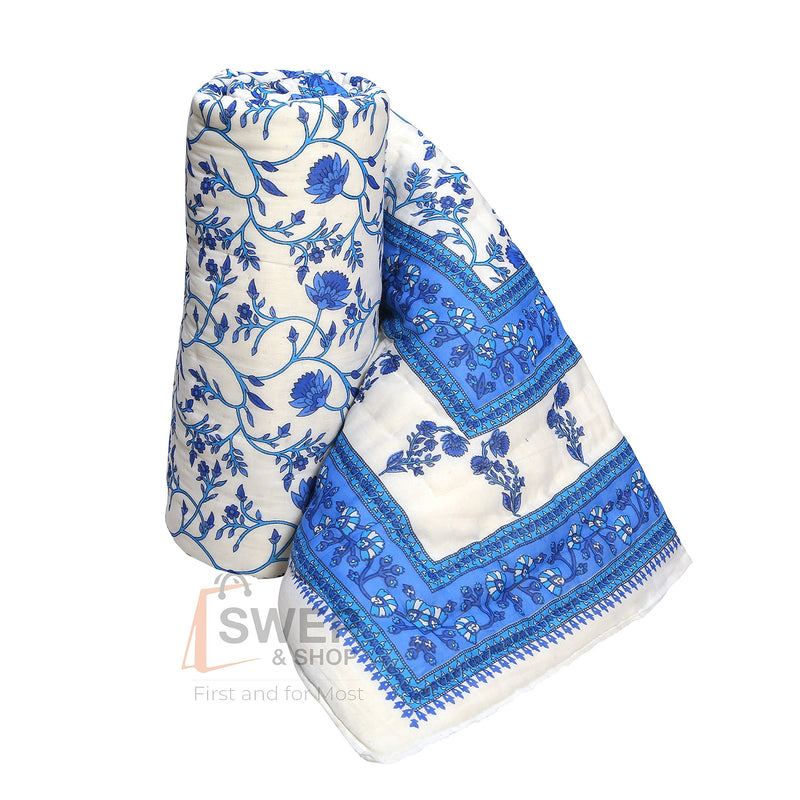 Namaste India World Famous Light Weight Cotton Reversible Floral Print Single Bed Razai (Blue and White)