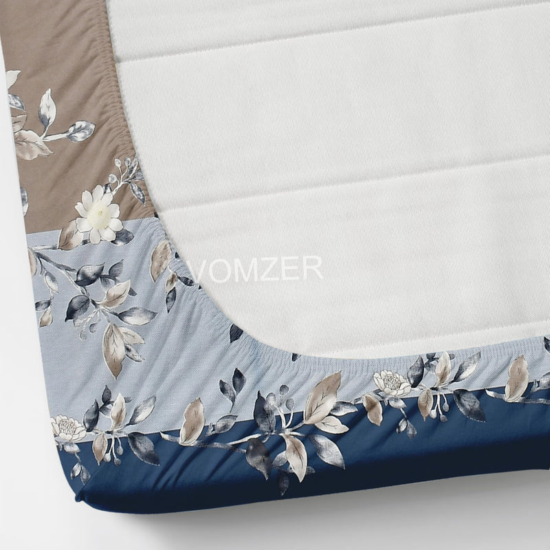 VOMZER Cotton Feel Glace Cotton Elastic Fitted Printed King Size Double Bed Bedsheet with 2 Pillow Coverm Fits Upto 8 inches Mattress,Size- 72x78x10 Inches Blue