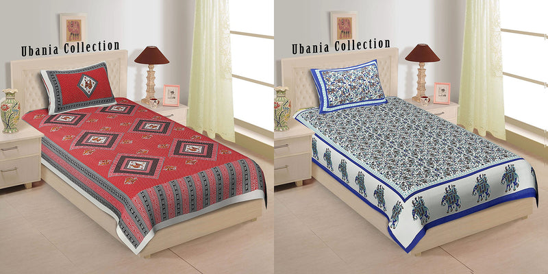 Ubania Collection Rajasthani Traditional 100% Cotton 2 Single Bedsheet with 2 Pillow Cover- Combo Pack of 2