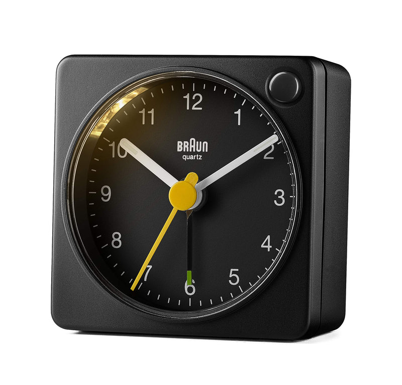 Braun Classic Travel Analogue Clock with Snooze and Light, Compact Size, Quiet Quartz Movement, Crescendo Beep Alarm in Black, Model BC02XB, One