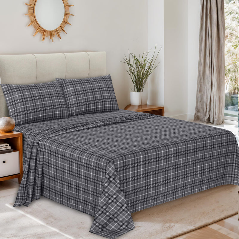 RUVANTI 100% Cotton 4 Pcs Flannel Sheets Full, Deep Pocket, Warm, Super Soft, Breathable, Moisture Wicking Full Size Sheet Sets, Bed Sheets Include Flat, Fitted Sheet,2 Pillowcase - Grey Plaid