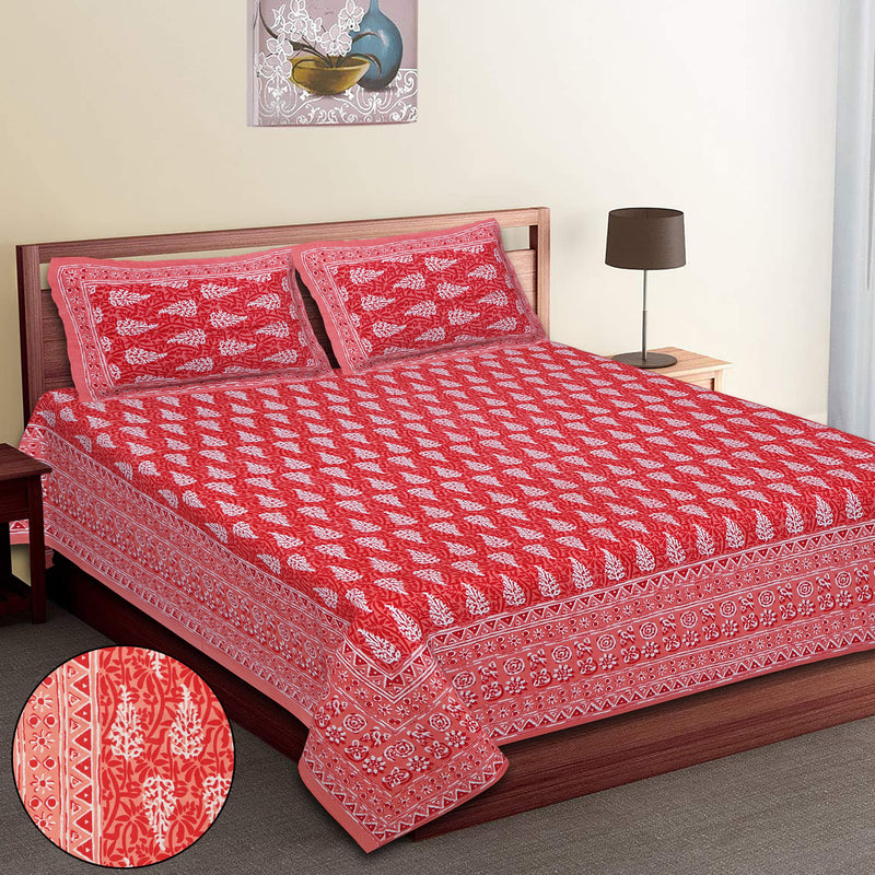 Dream Homme 144 TC 100% Cotton Bedsheet for Double Bed with 2 Pillow Covers (Jaipuri Booti Red)