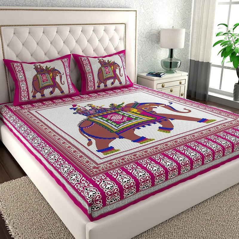 AC FASHION Rajasthani Jaipuri Sanganeri Printed 144 TC 100% Cotton Bed Sheet Set for Double Bed,Elephant Print, Double Bedsheet Cotton with 2 Pillow Covers