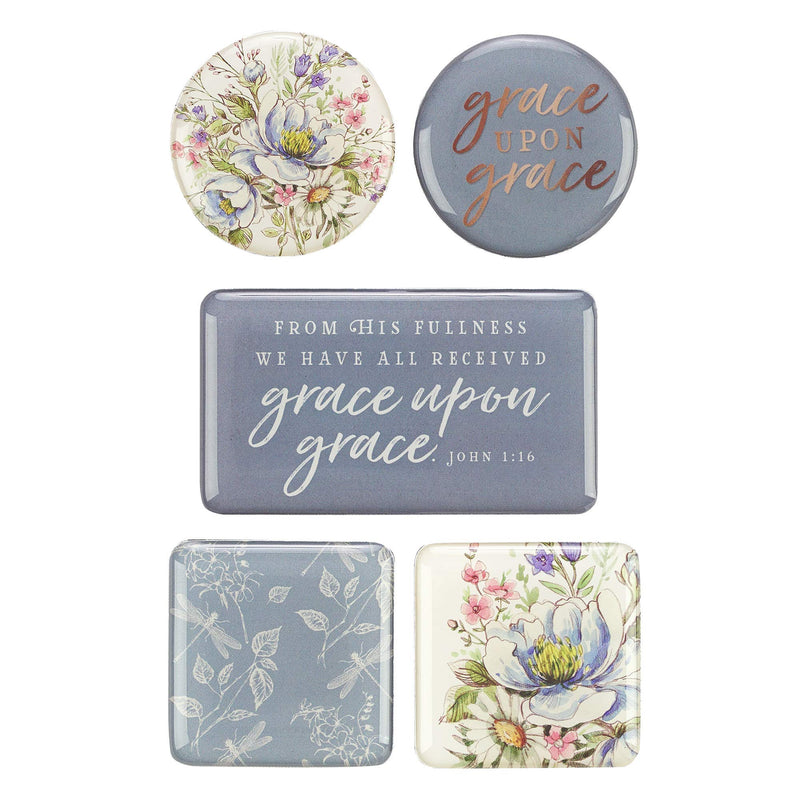 Christian Art Gifts Blue Flower Refrigerator Magnets | Grace Upon Grace - John 1:16 Bible Verse | Grace Upon Grace Collection Inspirational Fridge Magnet Mini Variety Set/5