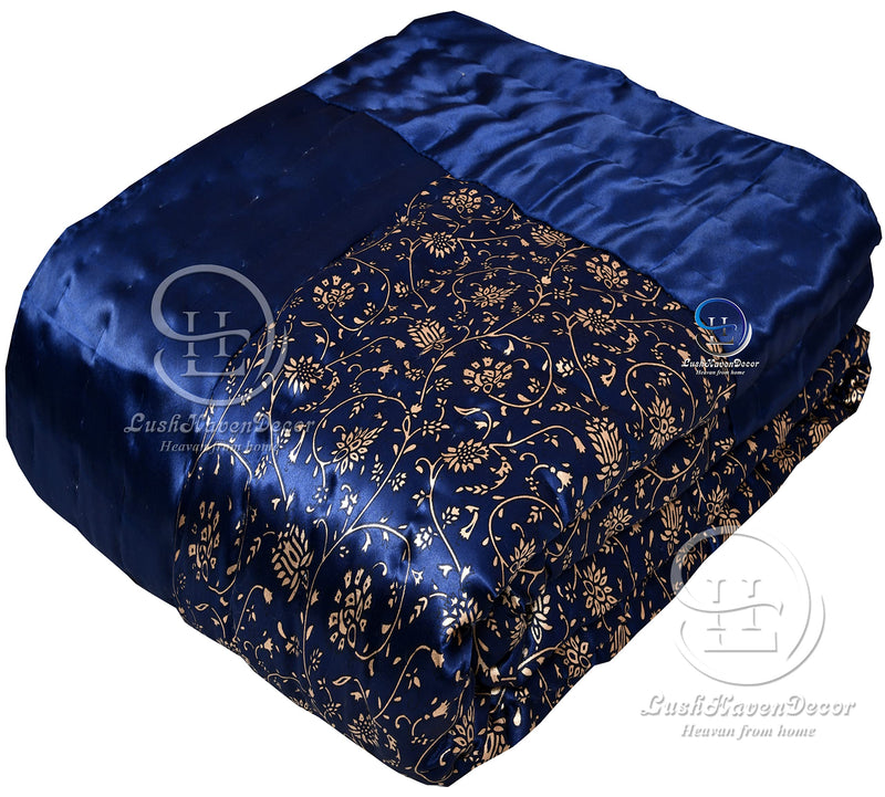 LushHavenDecor Rajasthani Traditional Cotton Light Weight Silk Double Bed Floral Print Design Soft Jaipuri AC Quilt with Gold Print (85X100 inch, Blue)