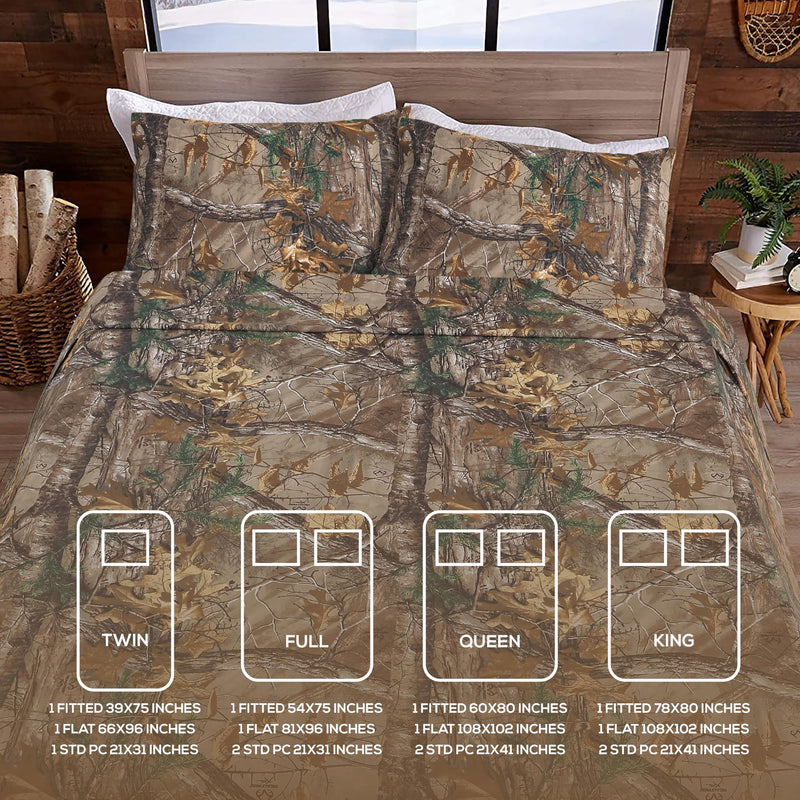 Realtree Xtra Camo Bedding Queen Sheet Set Polycotton Fabric, Super Soft, Easy Care Percale Weave 4 Pcs Sheet Sets for Bedroom, Hunting & Outdoor Camoflauge Bedding - Queen