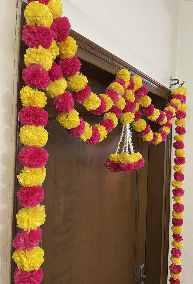 Sphinx artificial marigold fluffy flowers and tuberose (rajnigandha) door toran set/door hangings (Approx. 100 x 158 cms) - (Yellow and Dark Pink (Rani))