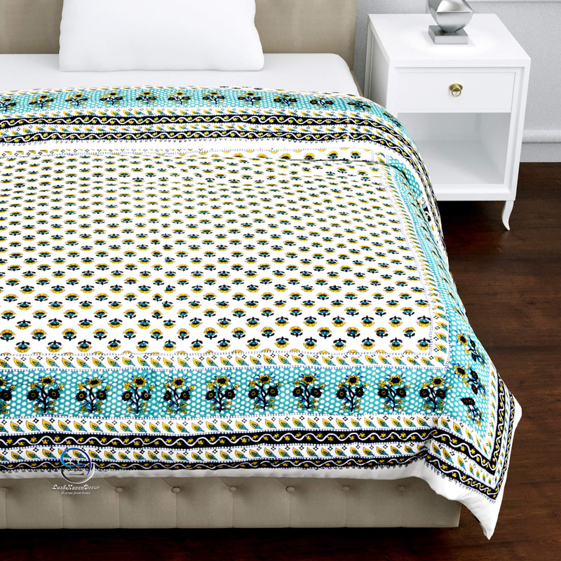 AUROSTYLE 400 TC Jaipuri Light Weight Pure Cotton Traditional Rajasthani Print Single Bed Quilt/Razai/Rajai (Indigo Green, Single Bed, 85 x 55 Inches)