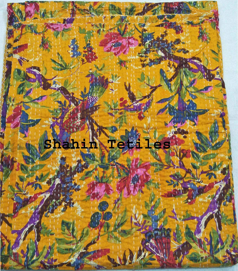 TI AMO Handmade Multi Color Printed Kantha Quilt 90x108 Inch Kantha Coverlet Throw Kantha Gudari