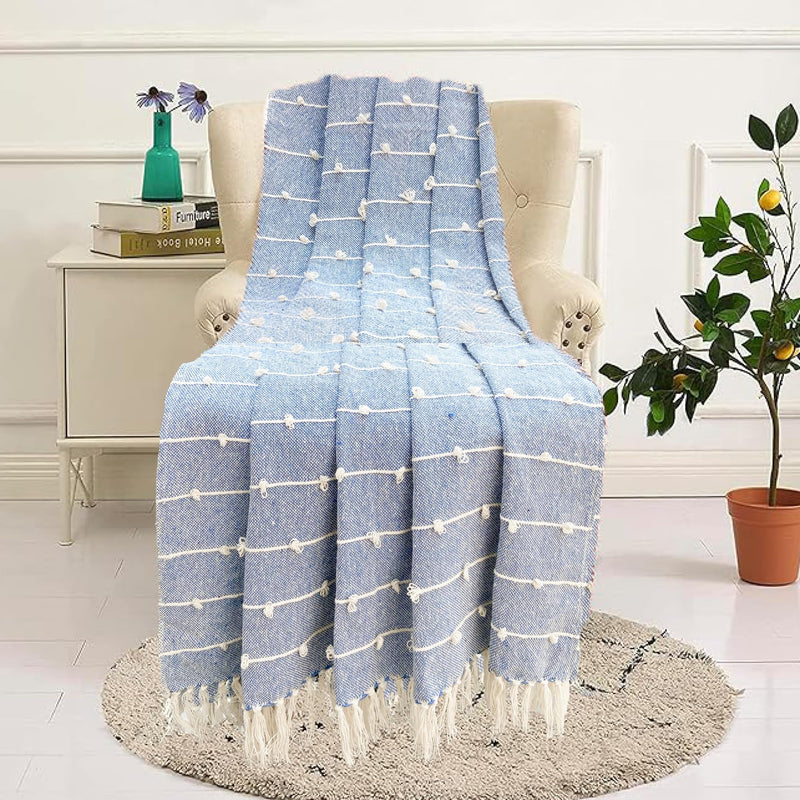 SAJAVAT HOME Hand-Knitted Pure Cotton Sofa Throw | Decorative Throw for Living Room, Bedroom, Sofa & Chair | Sea Blue with Tassels | 82x52 Inches / 208x132 CMS | Pack of 1