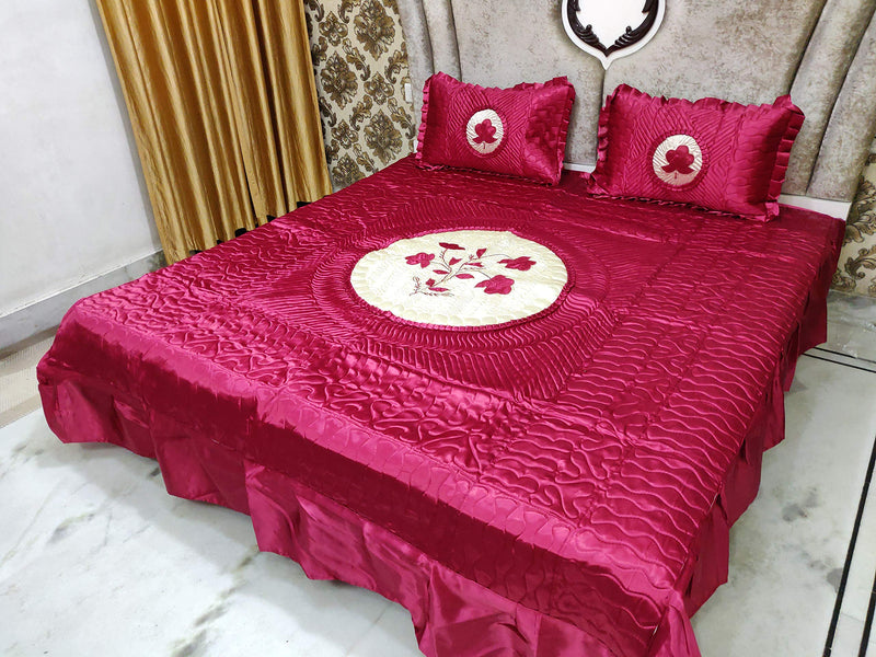 Loomsmith Satin Fabricated Designer King Size Double Bed Patch Embroidery and Quilted Wedding Bedsheet with Two Pillow Covers (Maroon)