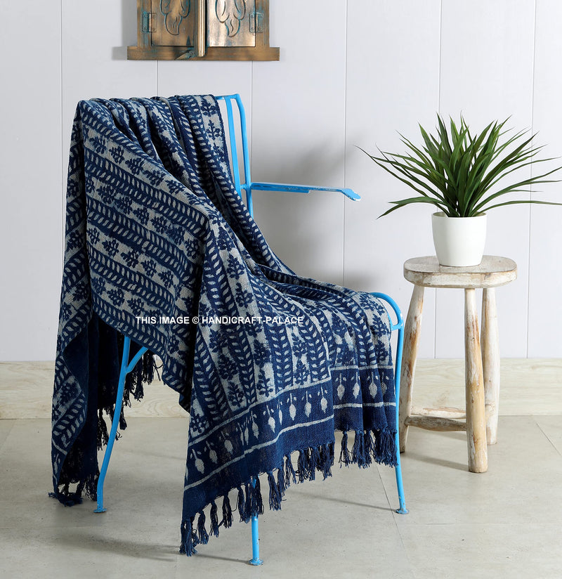 Ravaiyaa - Attitude is everything Luxury Handmade Block Printed Soft Cotton Throw Hand Loom Home Sofa Covers Throw 45” X 66” Inch (Indigo Blue)