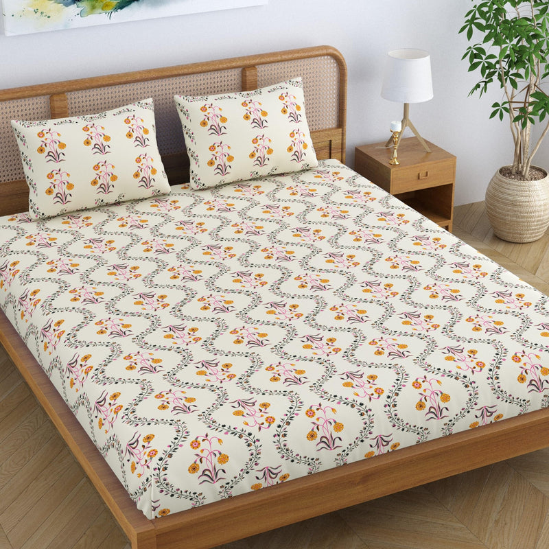 SheetKart Pure Cotton Floral Printed Jaipuri Bedsheet for Double Bed King Size with 2 Pillow Covers - Yellow Lily