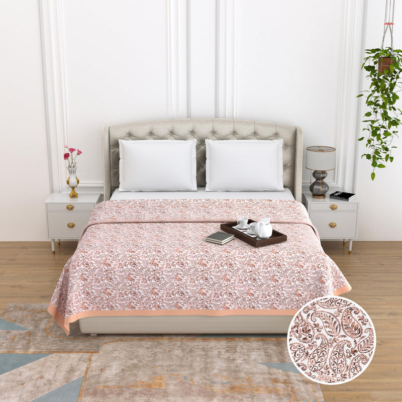 THE LINEN COMPANY Pure Cotton Dohar Reversible Printed Dohar Double Bed Size with Silk Border | 300 TC Soft Lightweight AC Blanket (Double 90x100 Inch), Copper Paisley