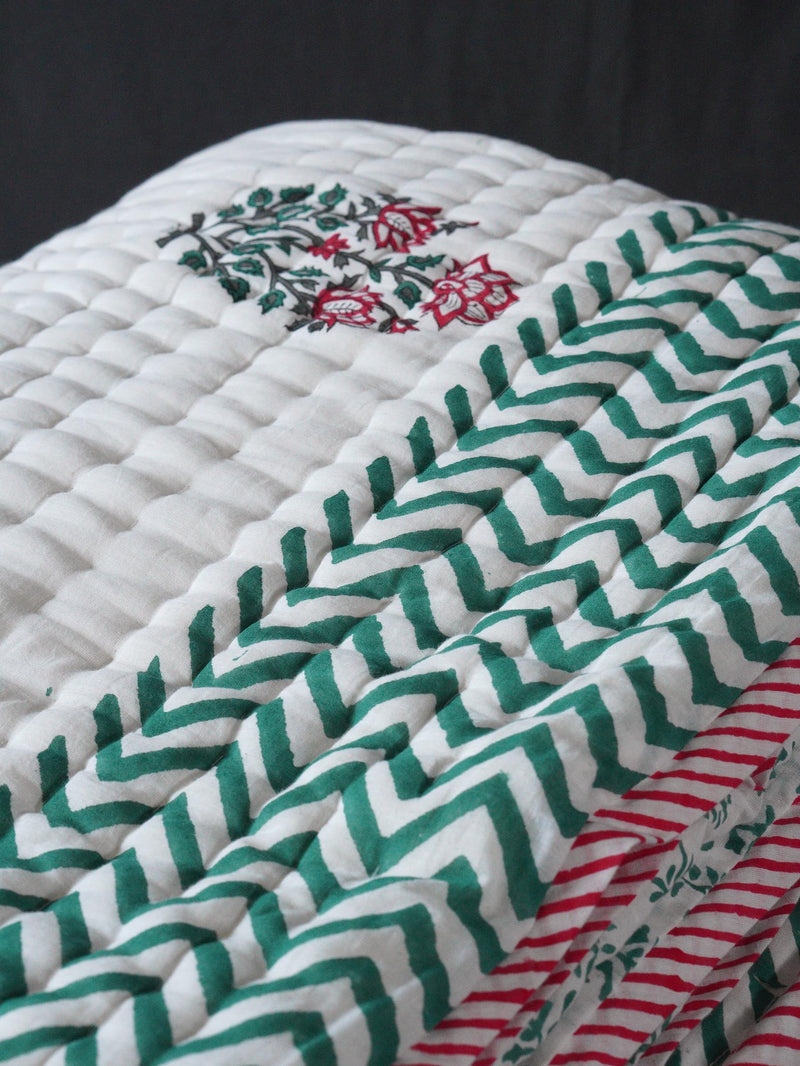 THE JAIPUR WALA Premium Hand Block Mulmul Cotton Quilt, Hand-Block Printed, 100% Surgical Cotton Filling, (GULMARG) (Single)