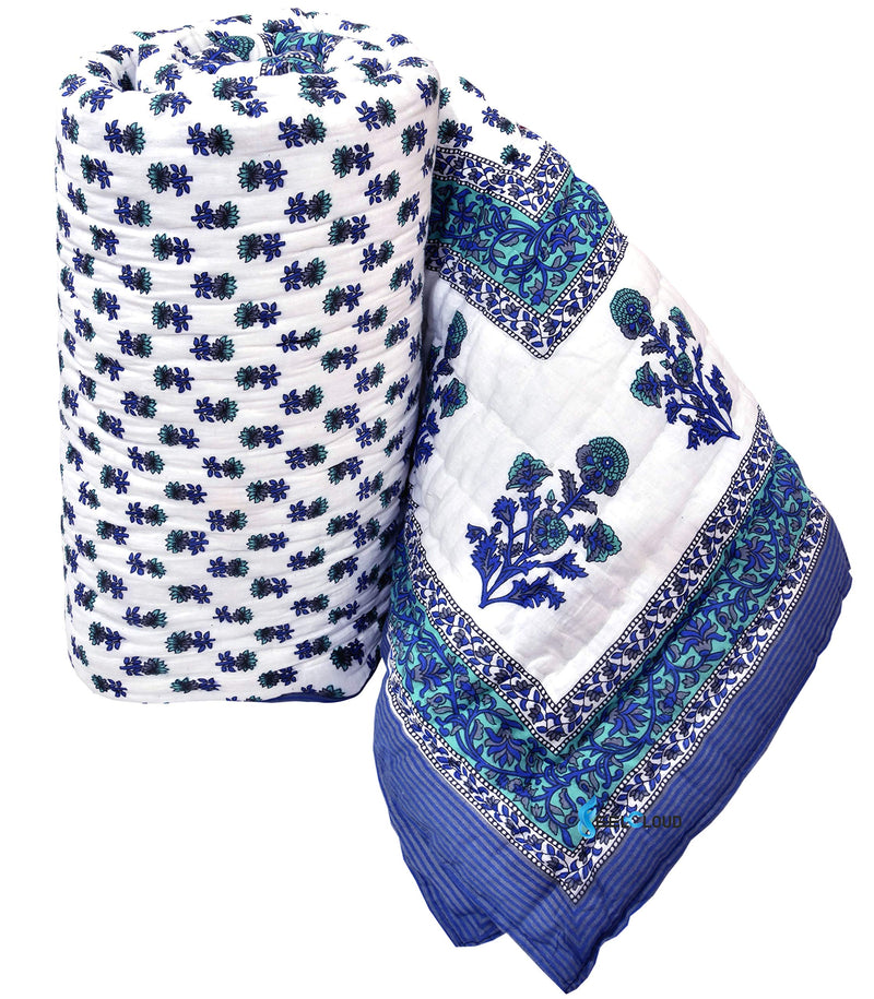 Woodsy Jaipuri Razai Handmade Blue Floral Printed Light Weight Pure Cotton Single Bed Reversible Both Side Kantha Quilt Throw | Super Soft | Bedroom Decor | Blanket Twin Size (60 X 90 INCHES)