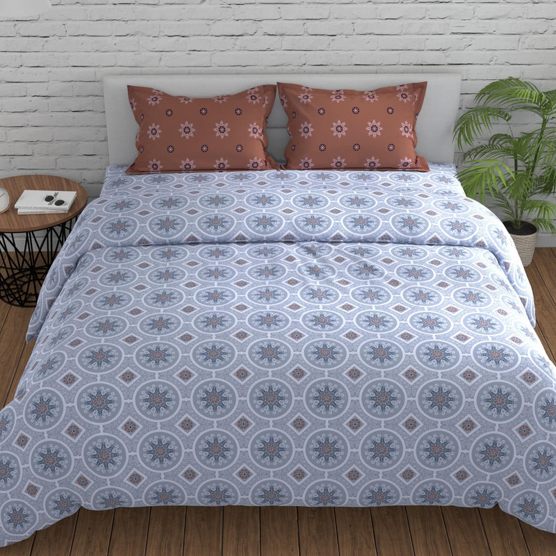 Huesland by Ahmedabad Cotton 144 TC Cotton Bedsheet for Double Bed King Size with 2 Pillow Covers | Mandala | 9ft x 9ft | Brown & Grey