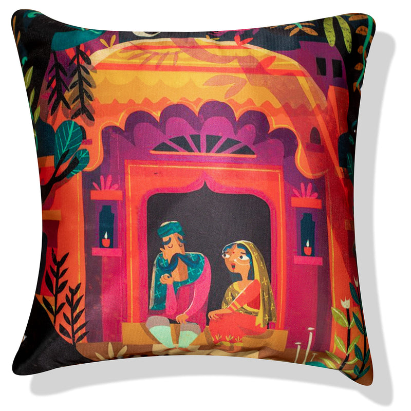 Vendola Vivid Decorative Printed Satin Cushion/Throw/Pillow Covers (Multicolour) Set of 5 Pieces (16X16 Inches, Raja Rani), Solid, 250 threads