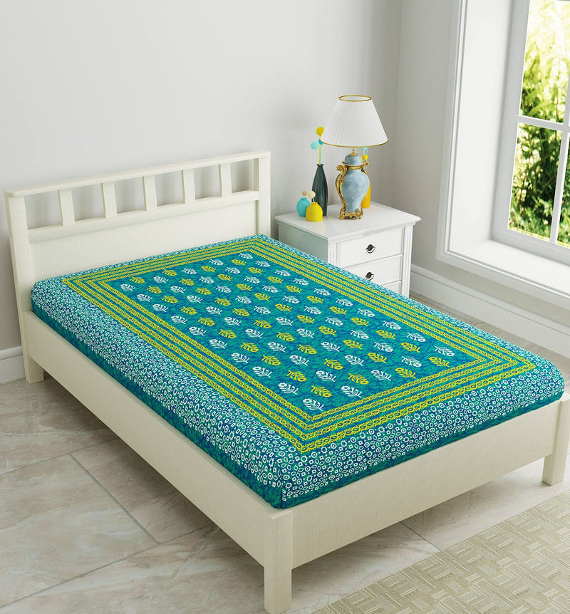 SheetKart 144 TC Motif Printed Jaipuri Cotton Single Bedsheet, Sea Green