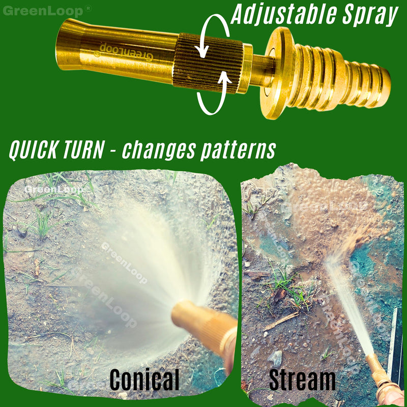 GreenLoop Solid BRASS Water Spray 2-in-1 Nozzle, DUAL PURPOSE, Fits all 3/4" and 1/2" hoses of all thickness, Adjustable Water Jet Spray Gun, High Pressure washing, 2-in-1 Nozzle+Clamps