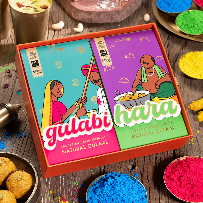 Phool Holi Gulal Colour -Pack of 4 Organic Holi Colours - 4X 100 (400) GMS Gulal Colours of Pink, Blue,Green, Yellow Certified Skin Safe Gulaal