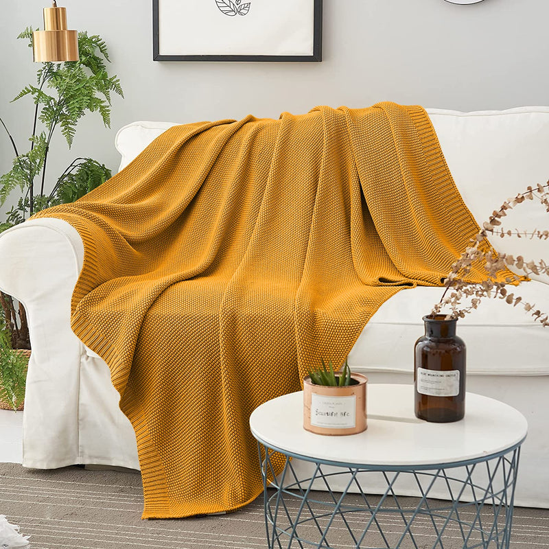 Cazimo Soft 100% Cotton Knitted Throw Blanket - 50 x 60 inches, Yellow