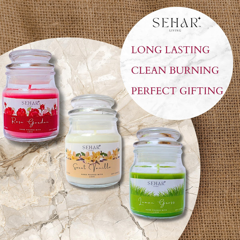 Sehar Living Fragrance Jar Candles Christmas Combo | 85 GMS Each | Pure Soy Wax | Burn Time - 18-20 Hours Each | Reusable Glass Jar | Hand Poured (Rose Garden, Sweet Vanilla & Lemongrass)